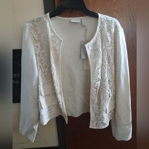 NWT/ CHICO'S cream crochet open front short jacket